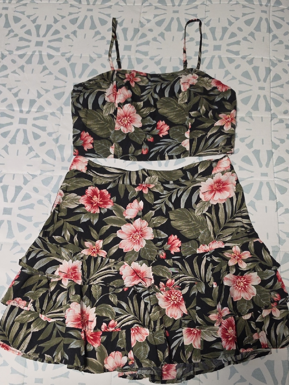 American Eagle Black Floral Two-Piece Crop Top & Skirt Set